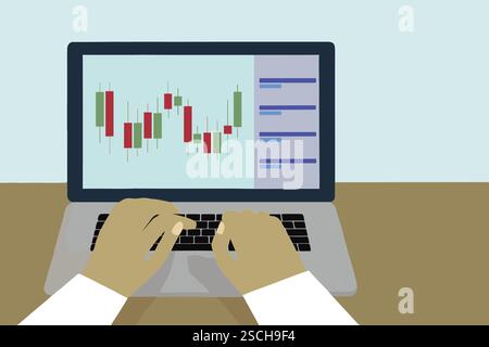 A cropped unrecognizable business professional is focused on trading activities, analyzing market trends through a laptop displaying live data at a ne Stock Photo