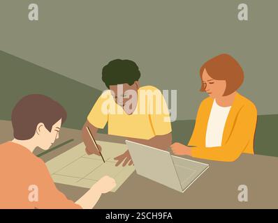 Three individuals collaborate on business strategies, sketching ideas and discussing plans around a table with a laptop, highlighting teamwork and inn Stock Photo