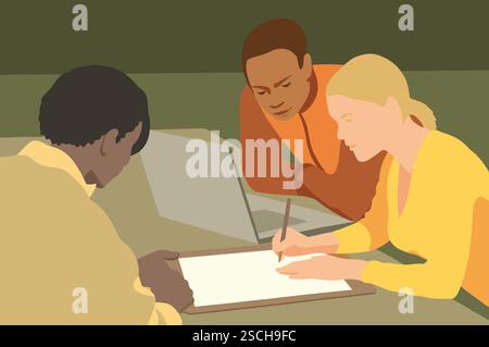 Three professionals engage in a brainstorming session, sharing ideas and strategies while working on a project at a modern desk with a laptop and pape Stock Photo