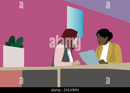 Two women engaged in a business discussion at a table in a vibrant office. They appear to be reviewing documents, surrounded by a lively atmosphere. Stock Photo