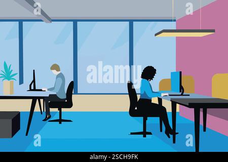 Two professionals are focused on their tasks in a contemporary office environment. Stock Photo
