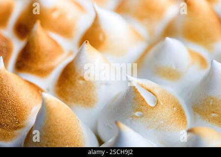 Detailed close up of perfectly toasted meringue peaks, showcasing their golden brown color and soft white texture. Ideal for culinary and dessert them Stock Photo