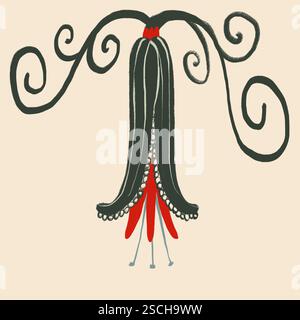 This image features a creative floral illustration with elegant green tendrils and intricate red and grey ornaments against a soft beige background. Stock Photo