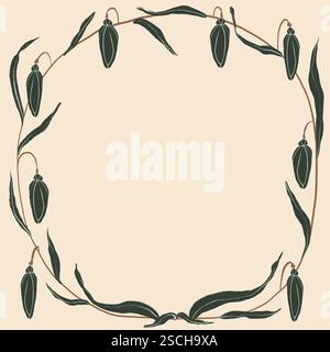 An artistic illustration featuring an elegant frame composed of delicate, dark green floral elements on a light beige background, ideal for sophistica Stock Photo