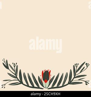A simplistic and elegant artistic illustration featuring an abstract red flower surrounded by green leaves against a pale beige background Stock Photo