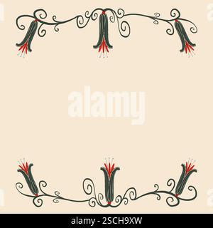 This artistic floral illustration features elegant black vines with intricate red and white flower ends, set against a soft beige background. Stock Photo