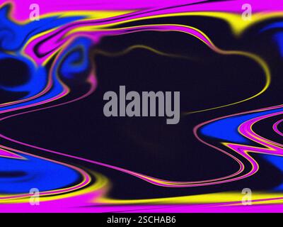 Abstract colourful waves on dark black background. Blurred soft coloured abstraction. Glowing pink, blue, yellow lines stroke brushes flow Neon paints Stock Photo