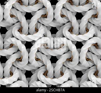 This high-resolution graphic showcases a seamless 3D pattern featuring interconnected white 4D rings with gold accents Stock Photo