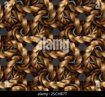 An exquisite, seamless 3D geometric pattern featuring intertwined gold 4D rings Stock Photo