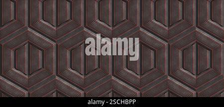 Seamless 3D geometric wallpaper design featuring dark hexagon stripes, ideal for contemporary interior decorations and digital backgrounds. Stock Photo