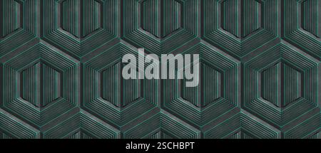A detailed 3D geometric pattern featuring hexagonal stripes, forming a seamless and elaborate design suitable for wallpapers and backgrounds. The dark Stock Photo