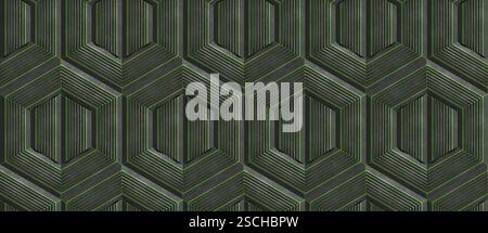A seamless, geometric wallpaper design featuring 3D hexagons outlined by vibrant green and dark stripes, creating a visually engaging texture for vari Stock Photo
