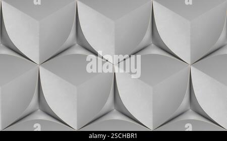 A modern 3D geometric design featuring symmetrical gray cubic and petal-like shapes, creating depth and texture. Ideal for abstract backgrounds or arc Stock Photo