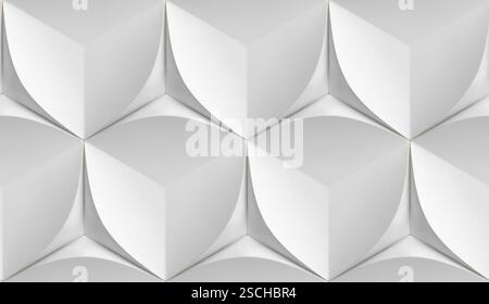 Minimalist 3D illustration with crisp white cubic and petal-like patterns forming a seamless geometric texture, evoking balance, simplicity, and moder Stock Photo