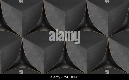 Bold and modern 3D geometric illustration with dark cubic shapes accented by golden edges, creating a luxurious and dramatic visual texture. Stock Photo