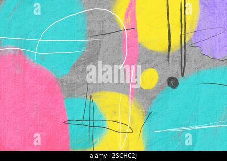 Abstract composition with overlapping pastel circles in pink, yellow, teal, and blue, accented by black and white lines, creating a vibrant and energe Stock Photo
