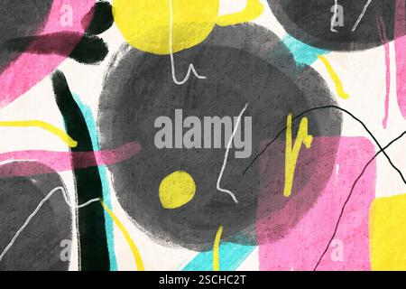 Artistic abstract design featuring dark textured circles surrounded by vibrant strokes of pink, yellow, and teal, with dynamic white and black lines a Stock Photo