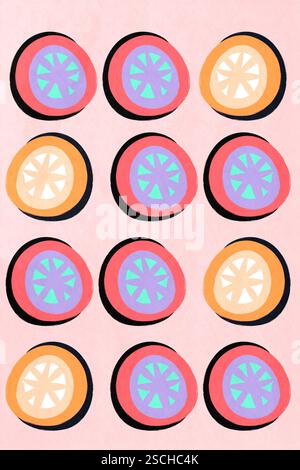 A set of minimalistic illustrations featuring colorful abstract patterns on a light pink background. Each circle contains a unique geometric design, c Stock Photo