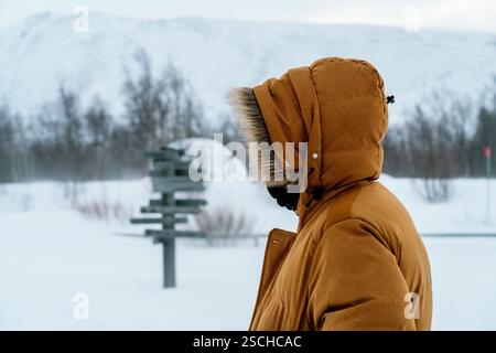 A bundled individual stands in a snowy landscape in Swedish Lapland, dressed warmly in a brown hooded jacket, with snow-covered trees in the backgroun Stock Photo