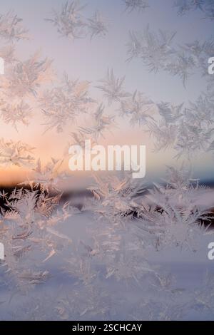 Close-up of intricate frost patterns on a window in Swedish Lapland. The soft sunlight highlights icy textures and detailed formations. Stock Photo
