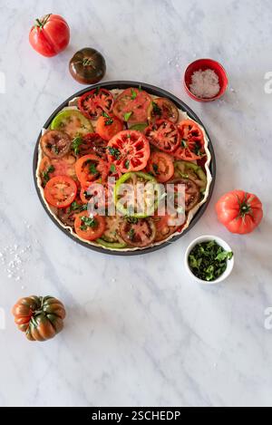 A vibrant salad featuring sliced heirloom tomatoes garnished with fresh herbs. Presented on a marble surface, this dish is ideal for a refreshing and Stock Photo