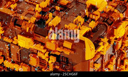 This background showcases a complex arrangement of abstract circuitry, with warm orange hues and intricate patterns that evoke a sense of advanced tec Stock Photo