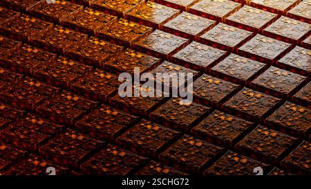 This background showcases a complex arrangement of abstract circuitry, with warm orange hues and intricate patterns that evoke a sense of advanced tec Stock Photo