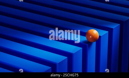 An orange sphere rests on a series of blue geometric shapes, creating an engaging abstract composition with vibrant colors and dynamic forms. Stock Photo