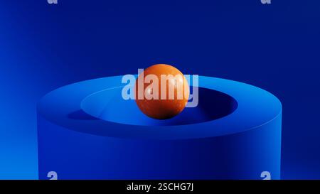 An orange sphere floats above a blue circular geometric shape, creating an intriguing abstract 3D design that captivates the viewer's eye. Stock Photo