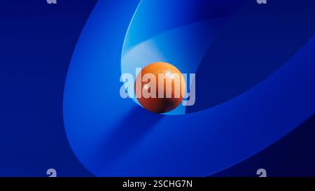 An orange sphere balances on blue geometric forms, creating a striking juxtaposition in an abstract 3D space that captivates the eye. Stock Photo