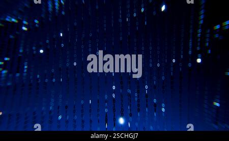 3D illustration of binary code cascading against a dark blue background, symbolizing data flow and digital connectivity. Ideal for tech and programmin Stock Photo