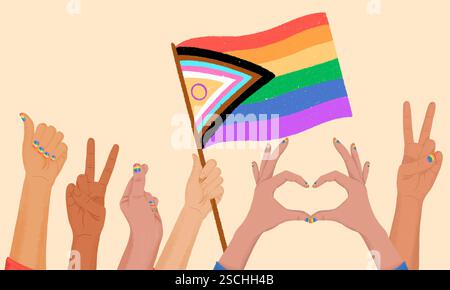 Illustration depicting diverse hands holding a vibrant Pride flag and showing symbols of love and peace. Each hand has rainbow painted nails, emphasiz Stock Photo