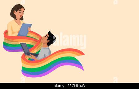 Illustration of a woman and man connected by a rainbow ribbon, using digital devices. The colorful ribbon symbolizes diversity and unity in a digital Stock Photo