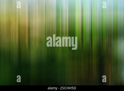 This image captures the ethereal beauty of a forest in a blurred, vertical motion, presenting an abstract green and yellow color palette ideal for cre Stock Photo