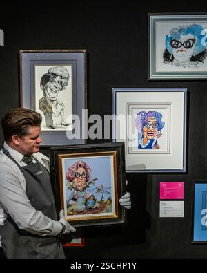 London, UK. 7th Feb, 2025. Various cartoons and chariacatures of Dame edna - A preview of Barry Humphries: The Personal Collection at Christies, London - The world-renowned Australian performer, best known for his characters Dame Edna Everage and Sir Les Patterson, started collecting in his teens, and over more than half a century built a collection comprising approximately 250 lots, estimates range from £200 to £300,000. The full pre-sale exhibition will be on public view from 7 February to 12 February. The live auction is on 13 February 2025. Credit: Guy Bell/Alamy Live News Stock Photo
