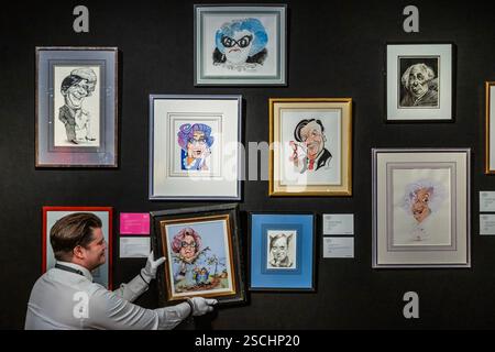 London, UK. 7th Feb, 2025. Various cartoons and chariacatures of Dame edna - A preview of Barry Humphries: The Personal Collection at Christies, London - The world-renowned Australian performer, best known for his characters Dame Edna Everage and Sir Les Patterson, started collecting in his teens, and over more than half a century built a collection comprising approximately 250 lots, estimates range from £200 to £300,000. The full pre-sale exhibition will be on public view from 7 February to 12 February. The live auction is on 13 February 2025. Credit: Guy Bell/Alamy Live News Stock Photo