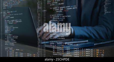 Close-up of hands working on laptop with floating virtual interface. Fictional programming script and system diagnostics Stock Photo