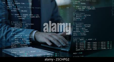 Programmer typing on laptop with transparent virtual screen displaying fictional programming logic, system updates Stock Photo