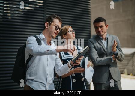 Businesspeople meeting outdoors discussing strategies with focus on digital tablet and analyzing growth opportunities Stock Photo
