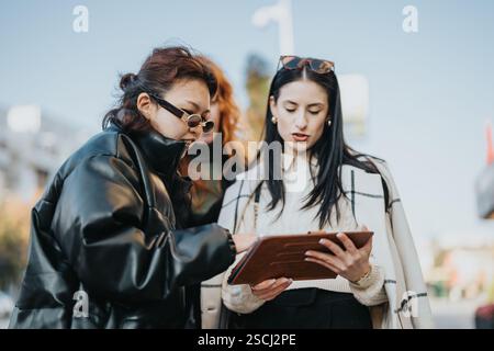 Three Professionals Collaborating Outdoors Using a Tablet on a Sunny Day Stock Photo