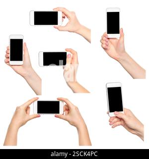 Different hand positions holding smartphones against a white background showcasing various grips and angles Stock Photo
