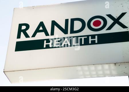 Randox Health sign at 143-149, Great Portland Street, London, W1W 6QN. Randox Health London Ltd. London. UK. (143) Stock Photo