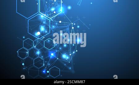 Abstract scientific vector background. Interweaving on a dark blue gradient of hexagons of different shapes with a plexus effect. Stock Vector