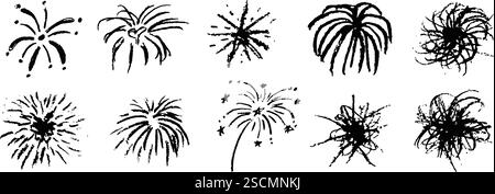 Fireworks cute pencil lines doodle elements for birthday, anniversary. Set of black color sketches in style of lightning, explosion, sun rays Stock Vector