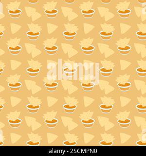 Nacho dipping cheese sauce in glass gravy boat Monochrome Seamless pattern Nacho Day Background idea. Isolated Vector illustration Wallpaper, wrapping, packing or web promo banner, leaflet, menu cards Stock Vector
