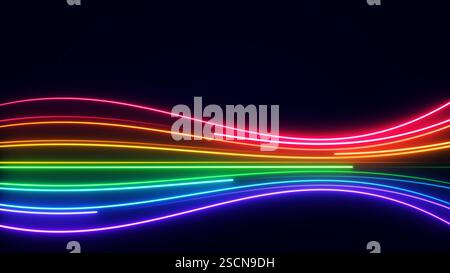 Rainbow neon light lines flowing across a dark background, creating a vibrant and energetic visual suitable for pride celebrations Stock Photo