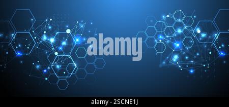 Abstract scientific vector background. Interweaving on a dark blue gradient of hexagons of different shapes with a plexus effect. Stock Vector