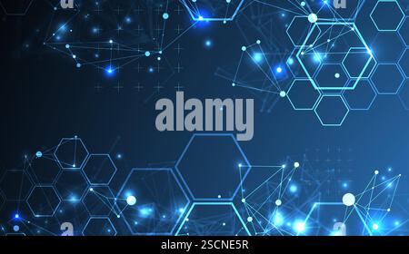 Abstract scientific vector background. Interweaving on a dark blue gradient of hexagons of different shapes with a plexus effect. Stock Vector