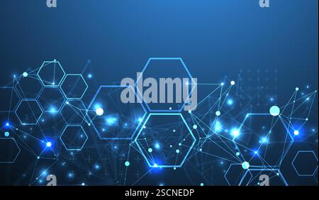 Abstract scientific vector background. Interweaving on a dark blue gradient of hexagons of different shapes with a plexus effect. Stock Vector