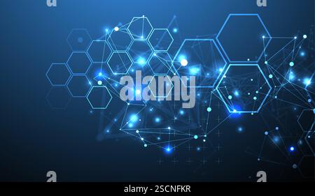 Abstract scientific vector background. Interweaving on a dark blue gradient of hexagons of different shapes with a plexus effect. Stock Vector